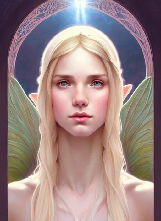 Image similar to perfectly feminine face!! full body portrait of young elf fairy blessed by nature with ever - increasing physical mental perfection, blonde, symmetrical! intricate, sensual features, highly detailed, biblical divine holy perfection!! digital painting, artstation, concept art, smooth, sharp focus, illustration, art by artgerm and greg rutkowski and alphonse mucha