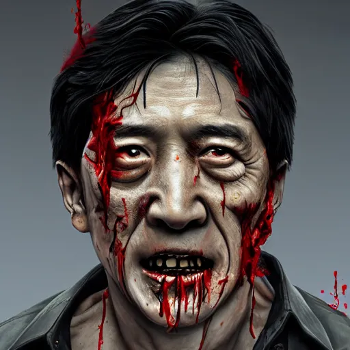 Image similar to a zombie Jackie Chan, by WLOP, horror, wounds, bloody, detailed, realistic, trending on artstation