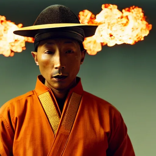 Image similar to cinematic film still Pharrell Williams starring as a Samurai holding fire, Japanese CGI, VFX, 2003, 40mm lens, shallow depth of field,film photography