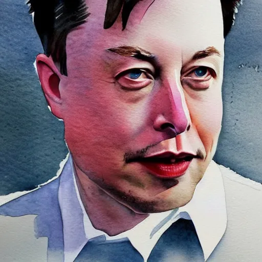 Image similar to highly detailed watercolor painting of Elon Musk, trending on artstation,