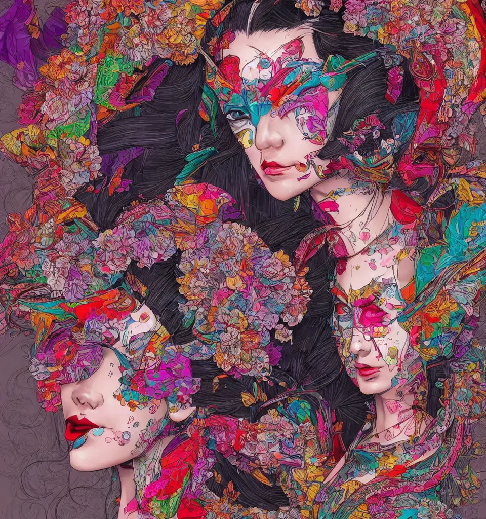 Image similar to colourful geisha in the style of android jones, 1 6 k, ultra detailed, ultra intricate, artstation