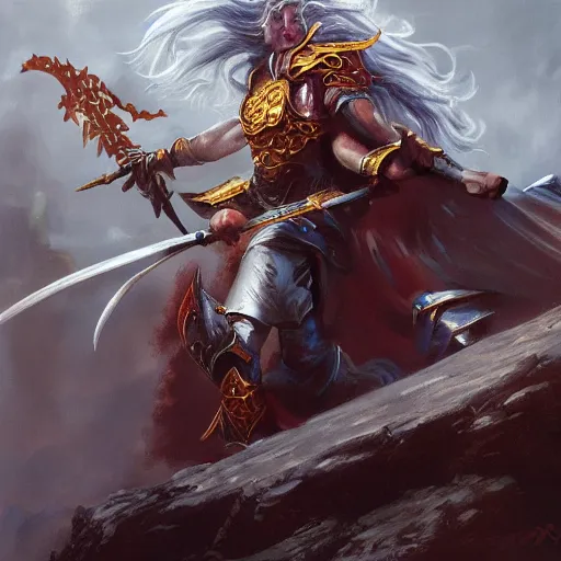 Image similar to fantasy painting of Elric wielding Stormbringer, painted by Bayard Wu, ultra detailed, 8k