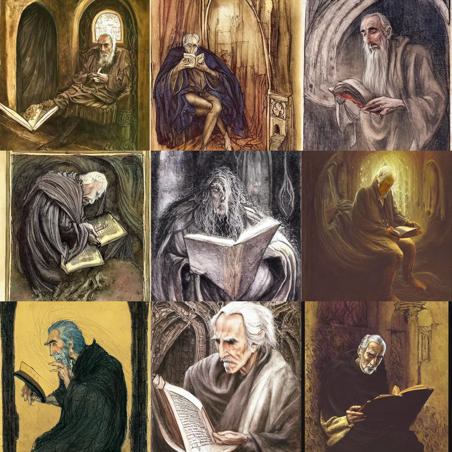 Prompt: a 1 3 th century, enigmatic, melancholic, fae wizard ( look like ( ( eighty years old christopher lee ) ), is ( ( reading an old book ) ). light dust, magnificent, hyperdetailed, theatrical, painted by brian froud