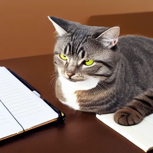 Prompt: cat working with notebook and a coffe cup is on the desk