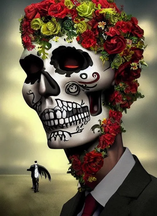 Image similar to dia de los muertos hombre theme surrealist art in the styles of igor morski, jim warren, and a tim burton film, intricate, hyperrealistic, accurate facial details, profile picture with chromakey!!!!! background, volumetric lighting