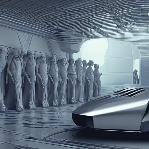 Image similar to sci-fi car and wall structure in the coronation of napoleon painting by Jacques-Louis David in the blade runner 2049 film and point cloud in the middle and everything in form of zaha hadid architects artwork by caravaggio unreal engine 5 keyshot octane lighting ultra high detail ultra hyper realism 8k 16k in plastic dark tilt shift full-length view