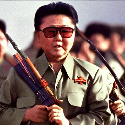 Image similar to filmstill of Kim Jong-il wearing a head bandana and aiming a bow in the role of Rambo, cinemascope, Eastman Color Negative 50T 5251 Neg. Film