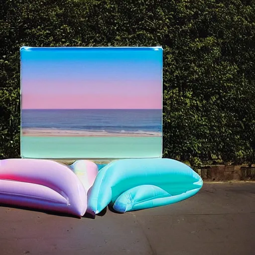 Image similar to a pastel colour high fidelity wide angle Polaroid art photo from a holiday album at a seaside with abstract inflatable parachute furniture, all objects made of transparent iridescent Perspex and metallic silver, a grid of sun beds iridescence, nostalgic