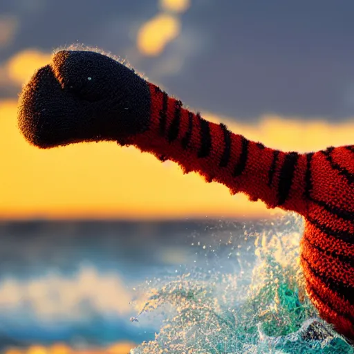 Image similar to a closeup photorealistic photograph of a knitted tiger hippopotamus that is riding a large wave during sunset. surf in the background. professional capture. brightly lit scene. this 4 k hd image is trending on artstation, featured on behance, well - rendered, extra crisp, features intricate detail, epic composition and the style of unreal engine.