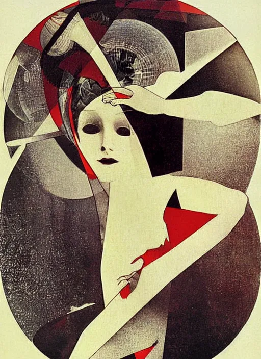 Prompt: girl in a long dress swimming underwater, caustics, surreal Dada collage by Man Ray Kurt Schwitters Hannah Höch Alphonse Mucha, red and black