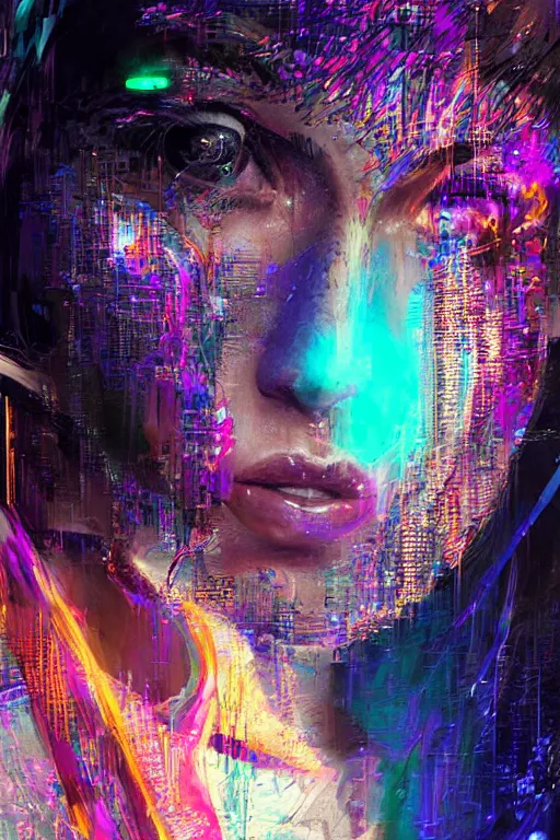 Prompt: portrait, headshot, digital painting, an beautiful techno - shaman lady in circuit electronic mask, opalescent, synthwave, glitch, radial glass fracture, realistic, hyperdetailed, chiaroscuro, concept art, art by john berkey