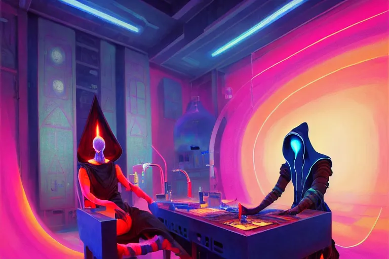 Prompt: a beautiful masterpiece painting of a technomancer wizard in robes with pointed hood breathing life into his synthesized AI djinn in his laboratory near a computer by Remedios Varo and Anato Finnstark and Greg Rutkowski, dayglo pink, dayglo blue, dazzle camouflage, 8k, trending on ArtStation