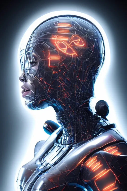 Image similar to portrait of a girl with a biomechanic armor and neon light by Igor Morski, dramatic lighting, highly detailed, trending on artstation