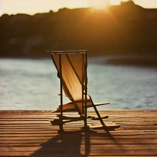 Prompt: A Film photograph of a swimsuit clothes, no person, left on a deck chair. by Cameron Hammond. 1980s magazine style. Cinematic, Golden Hour. Lens flare. 85mm lens, Kodak Gold Film photography