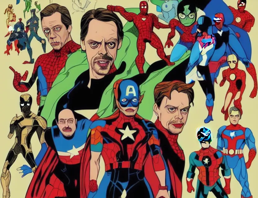 Prompt: steve buscemi as all the marvel superheroes. gouache fairytale art, russian romanticism, muted palette, backlighting, depth of field, jack kirby