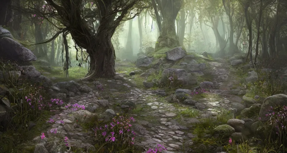 Image similar to Beautiful uplifting glade bg. Elven stone monuments along the pathway. Mysterious stone monuments. J.R.R. Tolkien's Middle-Earth. Trending on Artstation. Digital illustration. Artwork by Darek Zabrocki and Sylvain Sarrailh. Concept art, Concept Design, Illustration, Marketing Illustration, 3ds Max, Blender, Keyshot, Unreal Engine, ZBrush, 3DCoat, World Machine, SpeedTree, 3D Modelling, Digital Painting, Matte Painting, Character Design, Environment Design, Game Design, After Effects, Maya, Photoshop.