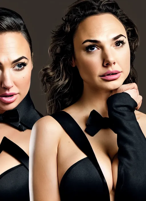 Prompt: portrait of lindsey pelas and gal gadot as a spy wearing tuxedo, by charlotte grimm, natural light, detailed face, beautiful features, symmetrical, canon eos c 3 0 0, ƒ 1. 8, 3 5 mm, 8 k, medium - format print, half body shot