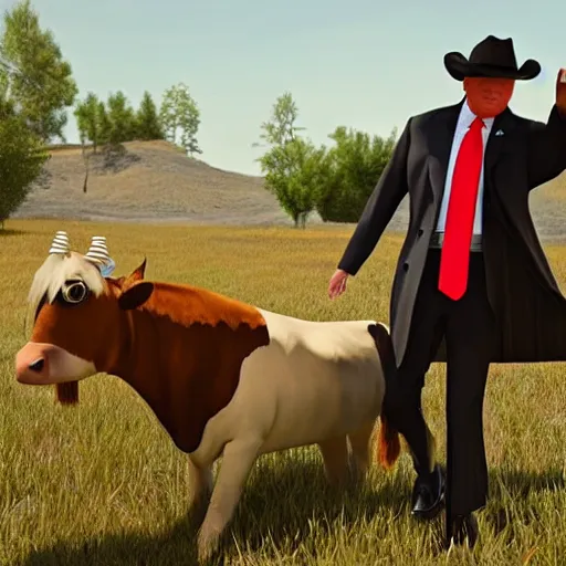 Prompt: trump as a far west cow boy, belt and hat. hyper realistic, unreal engine 5, 8 k render.