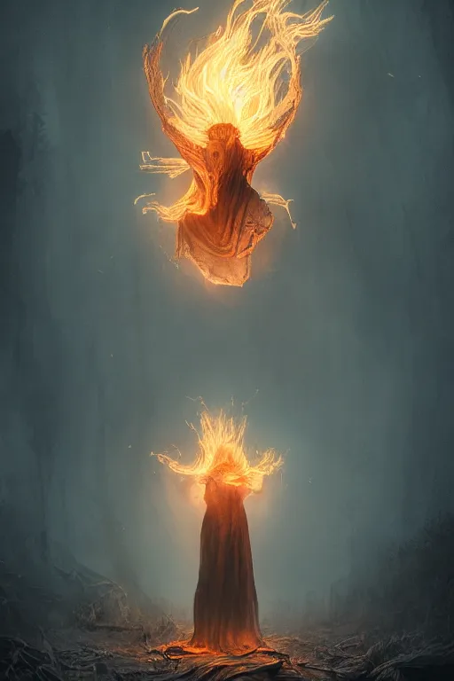 Prompt: portrait of a ghost in flames floating in the air, ancient wood environment, Cinematic lighting with glare, insanely detailed, trending on artstation, golden ratio, concept art by Agesandro de Rodas & Emil Melmoth