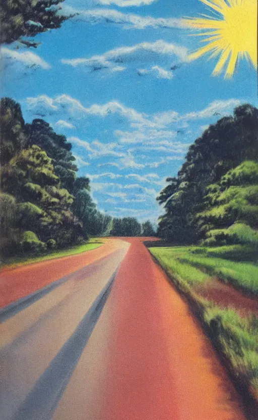 Prompt: paperback book cover. 1 9 5 0 s. pure colors, melting clouds, accurately drawn details, a sunburst above a receding road with the light reflected in furrows and ruts, after rain.