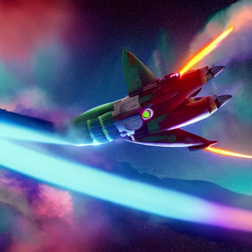 Prompt: octane render, a futuristic space fighter modeled after a spitfire plane, flying through colorful clouds of smoke inside an intense space battle, featured on cgsociety, dramatic lighting, cinema 4 d, ray traced lighting, photorealistic, ultra - detailed, f 1. 3