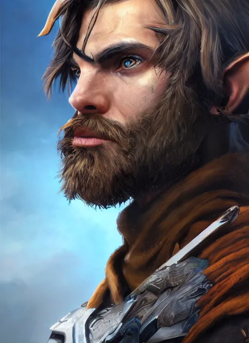 Prompt: An epic fantastic realism comic book style portrait painting of an arrogant half elf ranger with shaggy brown hair, scruffy beard, scar on face, blue tunic, Apex Legends Concept Art, unreal 5, DAZ, hyperrealistic, octane render, cosplay, RPG portrait, dynamic lighting