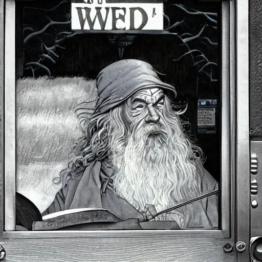 Prompt: gandalf in the drive thru at wendy's working on the weekend by norman rockwell 8 k