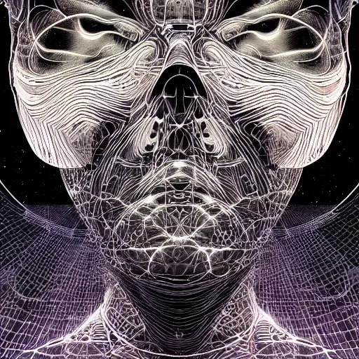 Image similar to beautiful portrait of intelligence, spatial space deformation in latent space, math art, digital circuits, wires, astral plane, by artgerm and dan mumford and gustave dore, ambient occlusion