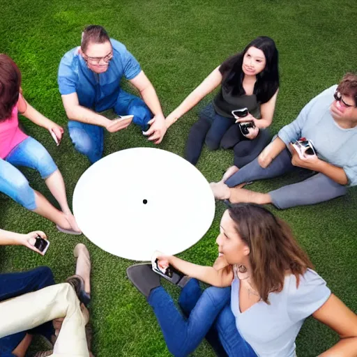 Image similar to a group of adults playing games on their phones while sitting in circle, unreal engine