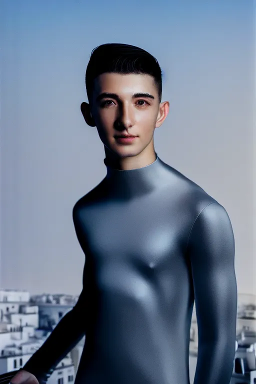 Image similar to un ultra high definition studio quality photographic art portrait of a young man standing on the rooftop of a british apartment building wearing soft padded silver pearlescent clothing. three point light. extremely detailed. golden ratio, ray tracing, volumetric light, shallow depth of field. set dressed.