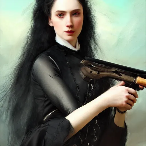 Image similar to a beautiful young woman, pale skin, black long hair, aristocrat, black expensive dress from 1 8 6 0, holding a rifle, oil painting, digital art, studio photo, realistic, artstation, high quality, wild west