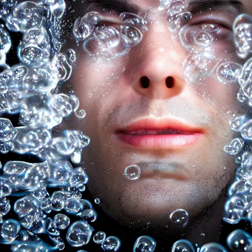 Image similar to dramatic closeup a man who's face is made of bubble wrap plastic, a finger is popping one of the bubbles, realistic blender render, translucency and subsurface scattering