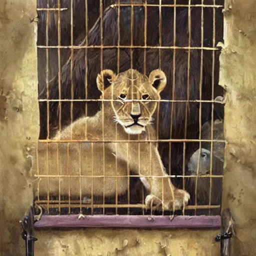 Image similar to inside of a medieval fantasy pet store, adorable lion cub in a cage, oil painting, by greg rutkowski