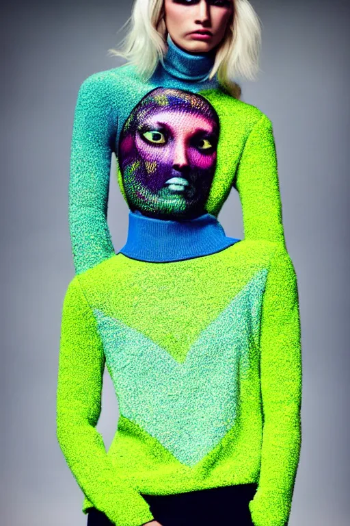 Image similar to stylish pullover for a rave bright colors, many details, photo for a magazine, photo for a store, fashion photography, Vogue, cinematic, hyper realism, high detail, 8k, very coherent symmetrical work, perfect face model, full length photo, Upper and lower body, white eyes, photographer style by Nik Night Erik Madigan Hec and Walter Chin and Camilla Akrans and Miles Aldridge