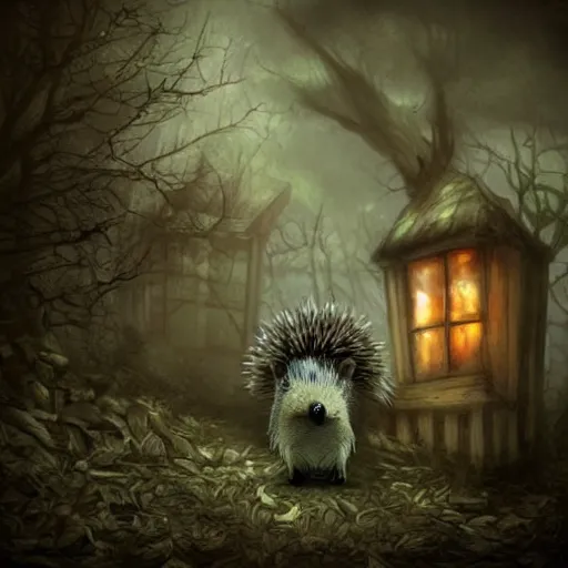 Prompt: hedgehog in creepy scary nightmare atmosphere, realsitic