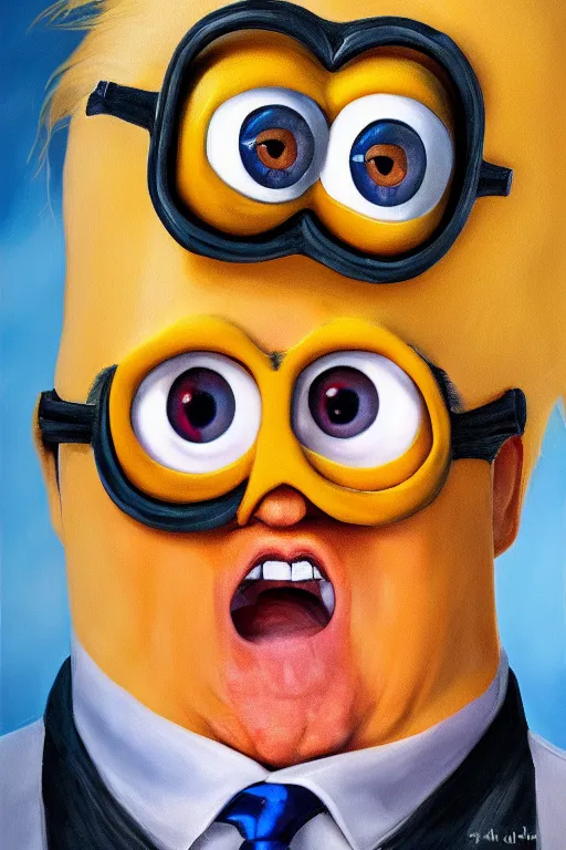 Image similar to trump as a minion, oil on canvas, intricate, portrait, 8 k highly professionally detailed, hdr, cgsociety