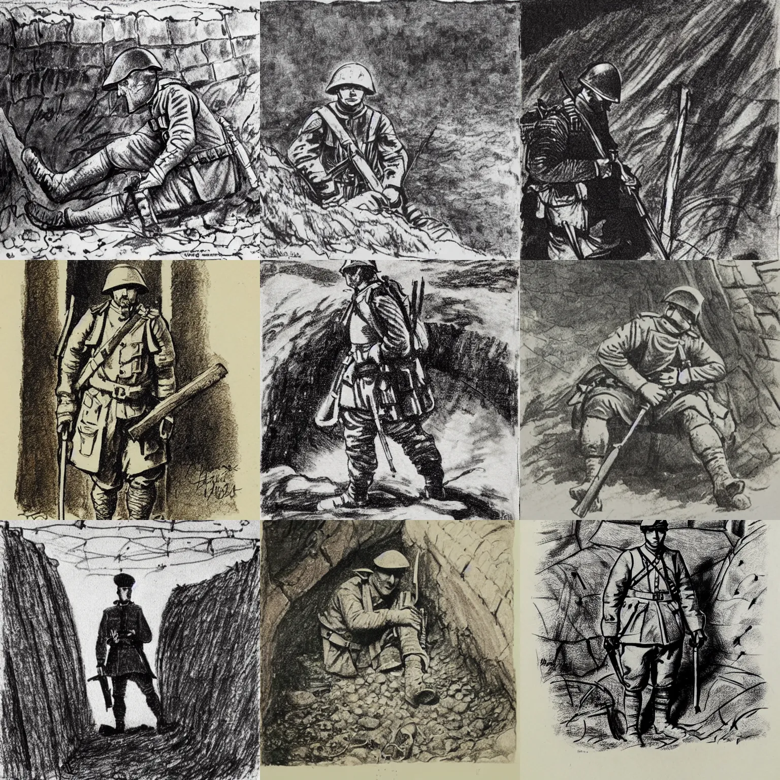 Prompt: an ink drawing of an English soldier in the trenches at Verdun during World War 1