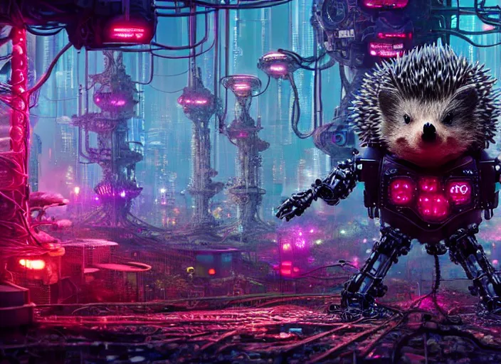 Prompt: giant intricate mechanical hedgehog with cybernetic enhancements and visible gears and fiber optics, on the background of a weird magical mechanical forest. Very detailed 8k. Fantasy cyberpunk horror. Sharp. Cinematic post-processing. Unreal engine. Nanite. Ray tracing. Parallax. Tessellation