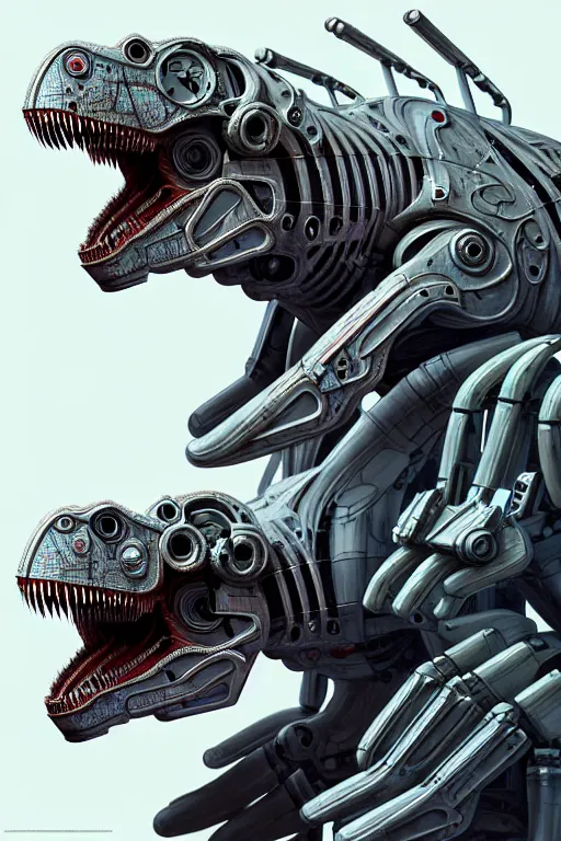 Image similar to trex in a cyborg mech suit, by alexandre ferra, zezhou chen, peter gric, boris artzybasheff and hr giger, hyper detailed, screen print, character concept art, hyperrealism, coherent, cgsociety, zbrush central, behance hd, hypermaximalist