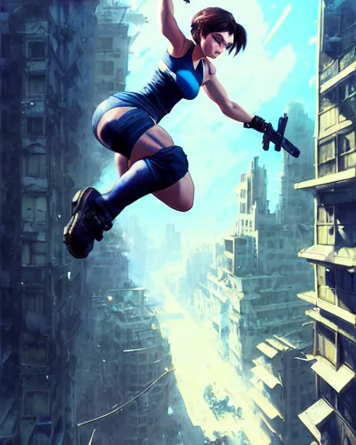 Image similar to gigachad jill valentine bodybuilder jumping from a building fighting in racoon city, fantasy character portrait, ultra realistic, anime key visual, full body concept art, intricate details, highly detailed by greg rutkowski, ilya kuvshinov, gaston bussiere, craig mullins, simon bisley