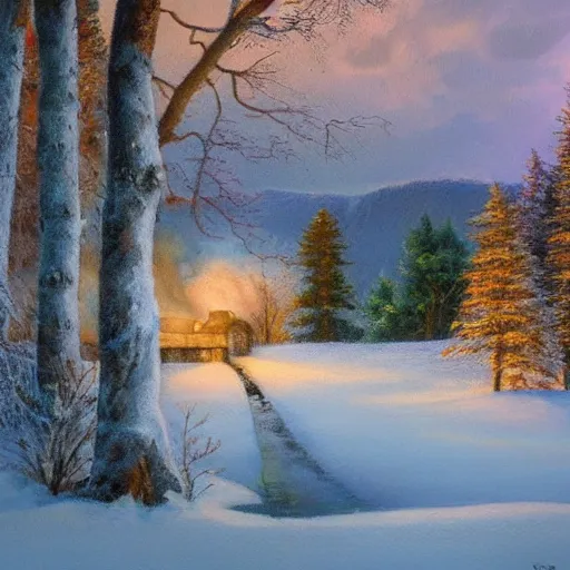 Prompt: beautiful oil painting, snowy woodland meadow, log cabin, smoke billowing from chimney, evening, light from window, water stream, water wheel, oak trees, pine trees, rabbits, squirrel, fox, mild breeze wind, snow on trees and ground, mountain in background, high detailed