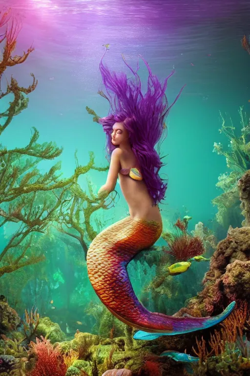 Prompt: intricate color photo of mermaid in a underwater fantasy forest of tall trees 8 k octane beautifully detailed render