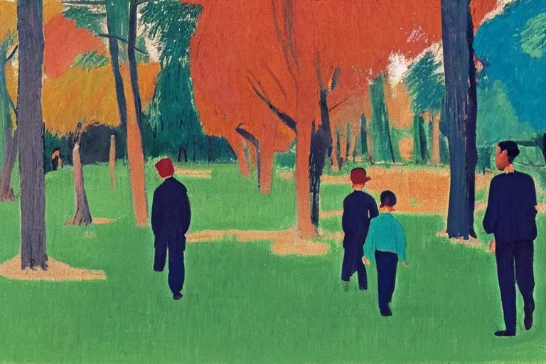 Image similar to a very tall man named John with dark hair holding the hands of a short young boy named Alex with dark hair as they walk in a park on a bright beautiful colorful day. part in the style of an edgar degas painting. part in the style of david hockney