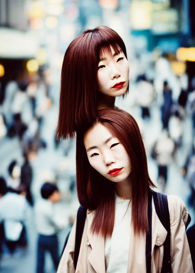 Image similar to a portrait street photograph shot on cinestill 5 0 d of a japanese woman in 9 0 s fashion with modest make up, hair died to a hazelnut brown, shot in shibuya tokyo on a 3 5 mm at f / 2. 8 and 1 / 1 2 0 0 shutter speed, print magazine quality, nostalgia, 8 k