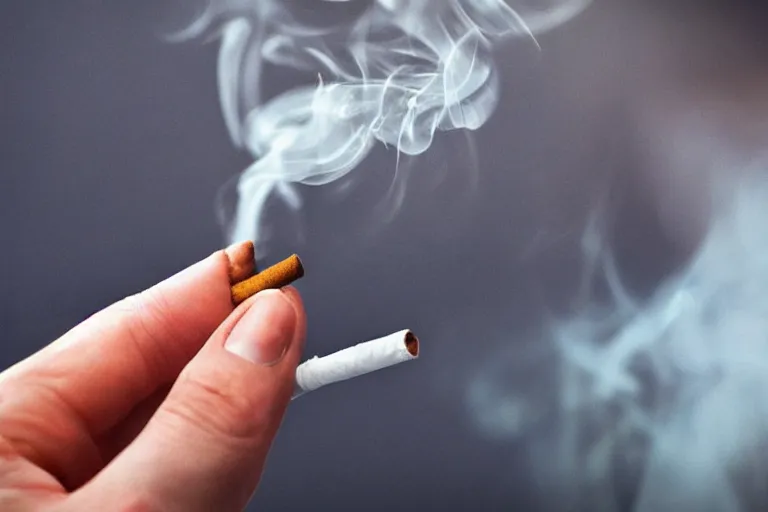 Prompt: Close-up of thin soft hand holding cigarette with smoke, hyper realistic, high details, photo, super resolution