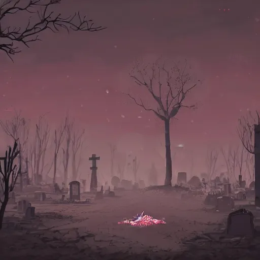 Prompt: a lonely fallout graveyard at night, the moon shine is falling on a specific grave with a sakura tree beneath it, its raining and the atmosphere is oppressive, by aleksandra waliszewska and aoi ogata, high detail concept art, cinematic atmosphere