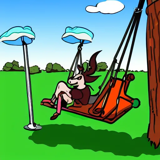 Image similar to donkey riding a playground swing, cell shading art style