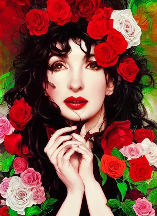 Prompt: portrait of kate bush against a neon multicolored background, lush black hair, pale skin, white and red roses, flowing material, intricate, beautiful cinematic lighting, stunning painting by artgerm, caravaggio, android jones, wadim kashin, alphonse mucha