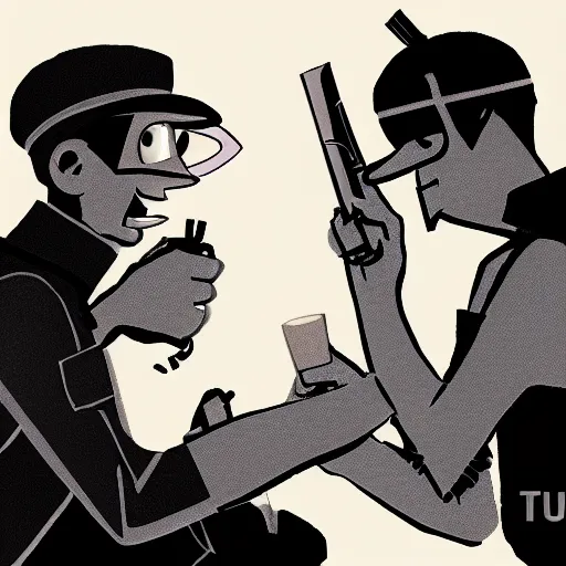 Prompt: tf2 Scout and Spy having an argument at dinner, digital art,