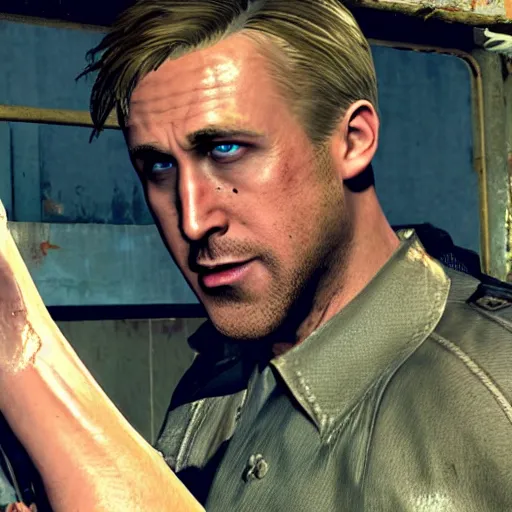 Image similar to ryan gosling kills a mutant in fallout 4